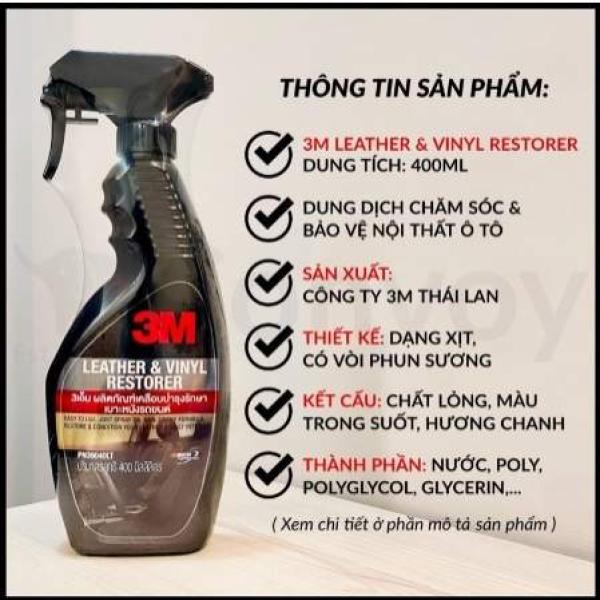 Chai xịt chăm sóc da, vệ sinh nội thất ô tô, taplo, tapi 3M Leather & Vinyl Restorer 39040LT 400ml